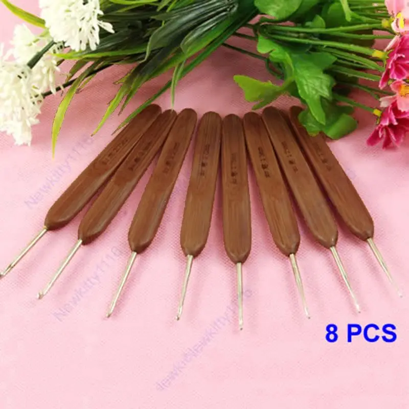 

New Bamboo Handled Metal Crochet Hooks 8 Pcs 8 Sizes Needles Weave Craft