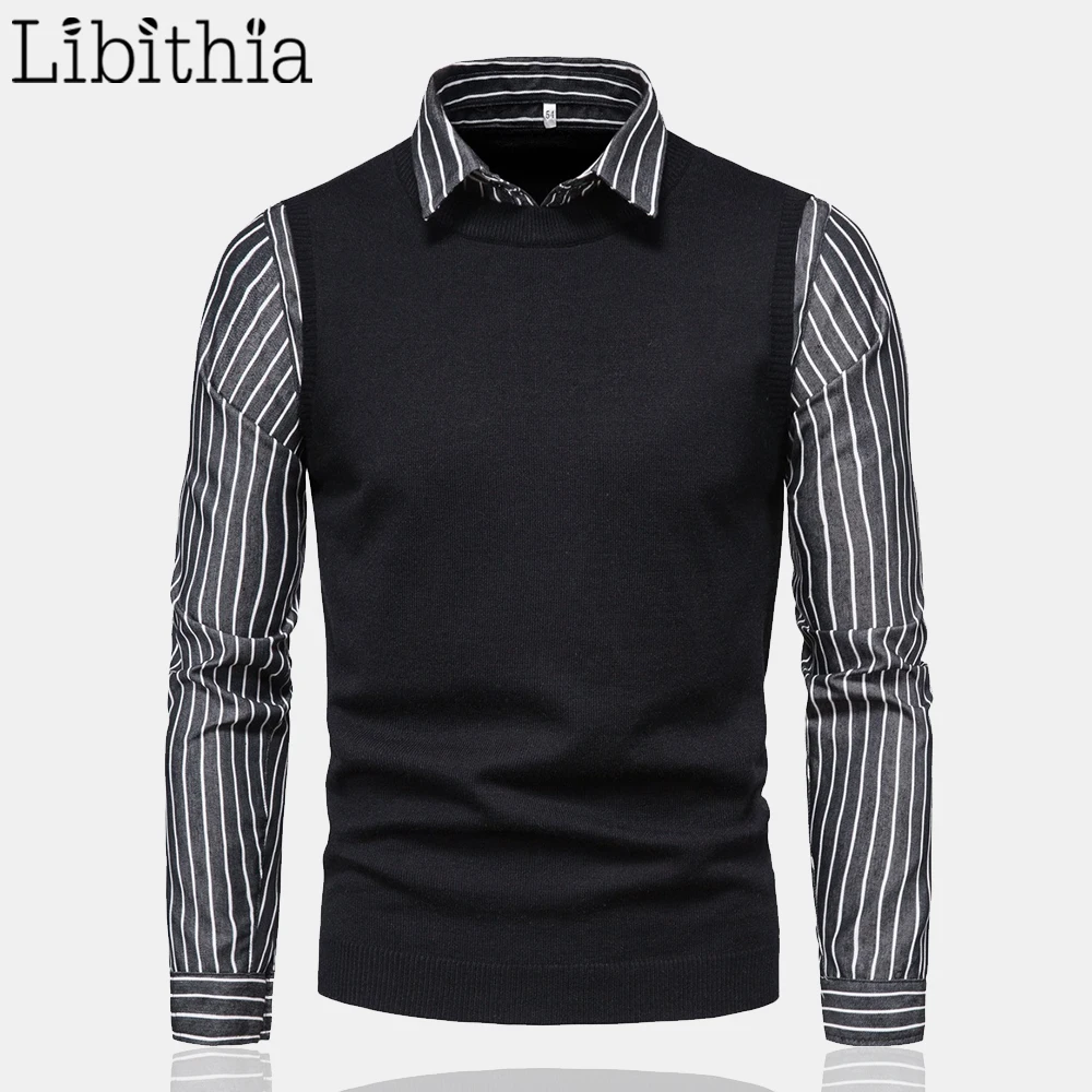 Men Casual Fake Two Pieces Sweaters Striped Pattern Turn-down Collar Long Sleeve Autumn Tops For Men 2XL Grey Clothing Male R054
