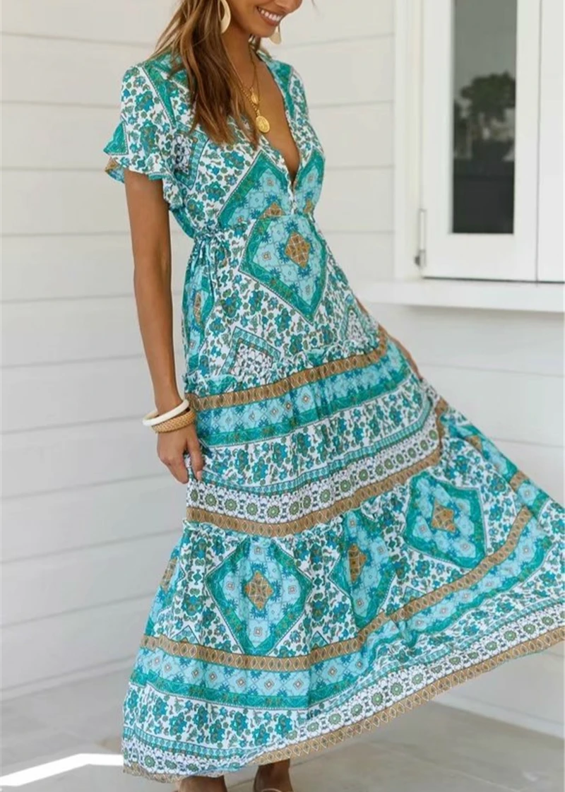 Boho Queens Women Green Floral Print Beach Bohemian Rayon Maxi Dresses Ladies V Neck Button Pleated Happie Dress Vestidos | Женская