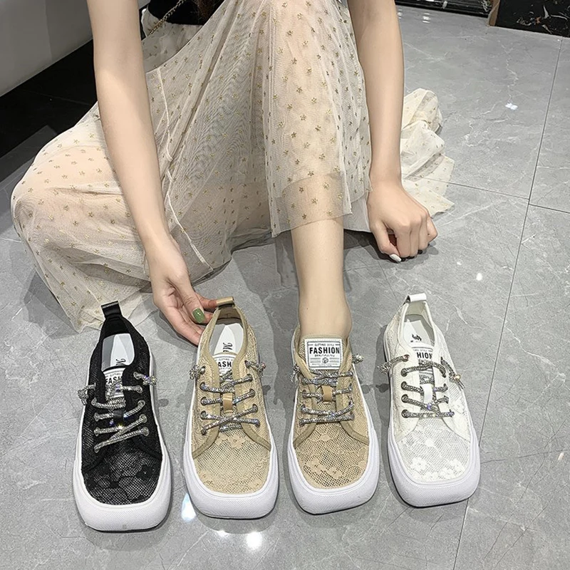 

Summer Shoes Ladies Female Footwear Square Toe Casual Sneaker 2021 Dress Small New Cross Breathable Leisure Cross-tied PU Basic