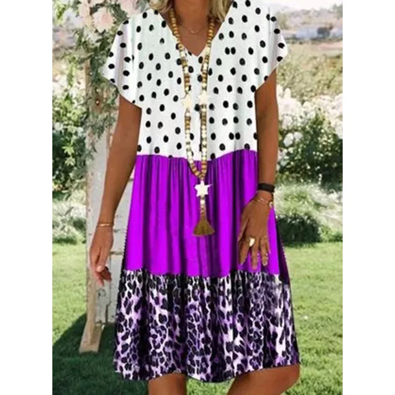 

Women's Summer Polka Dot Leopard Print Stitching V-neck Short-sleeved Dress Bohemian Casual Beach Style Long Dress S-5XL