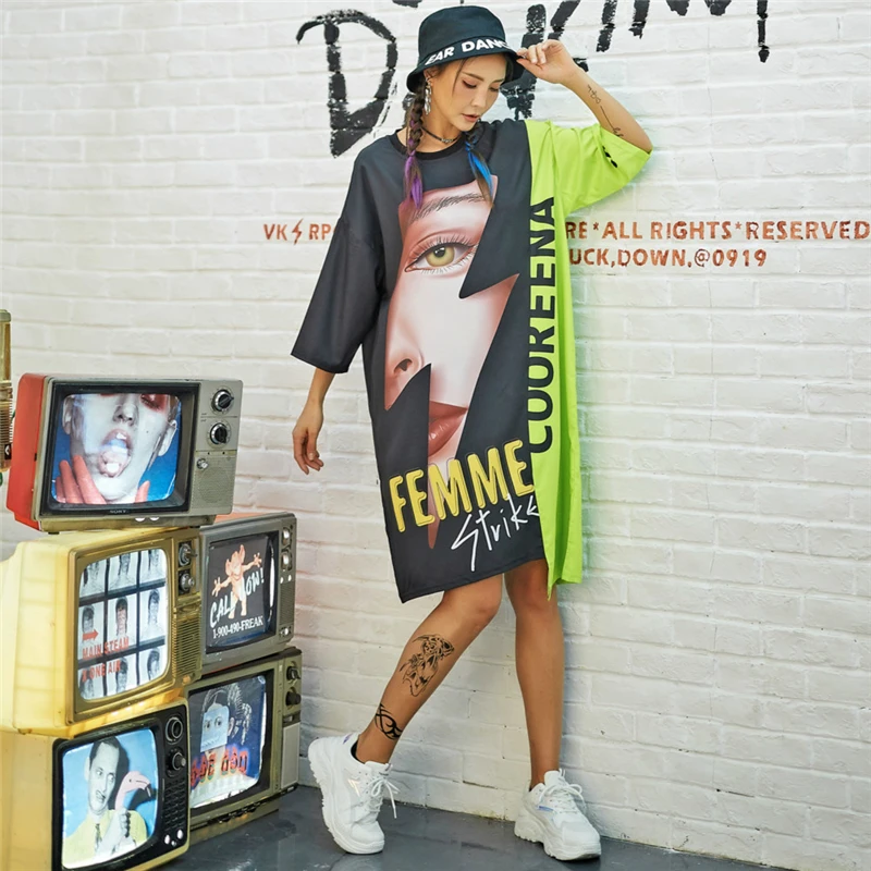 

Summer Women Street Dress Fashion Irregular 3D Print Cartoon Rock Hip Hop Dresses Short Sleeve Loose Plus Size Club Vestidos