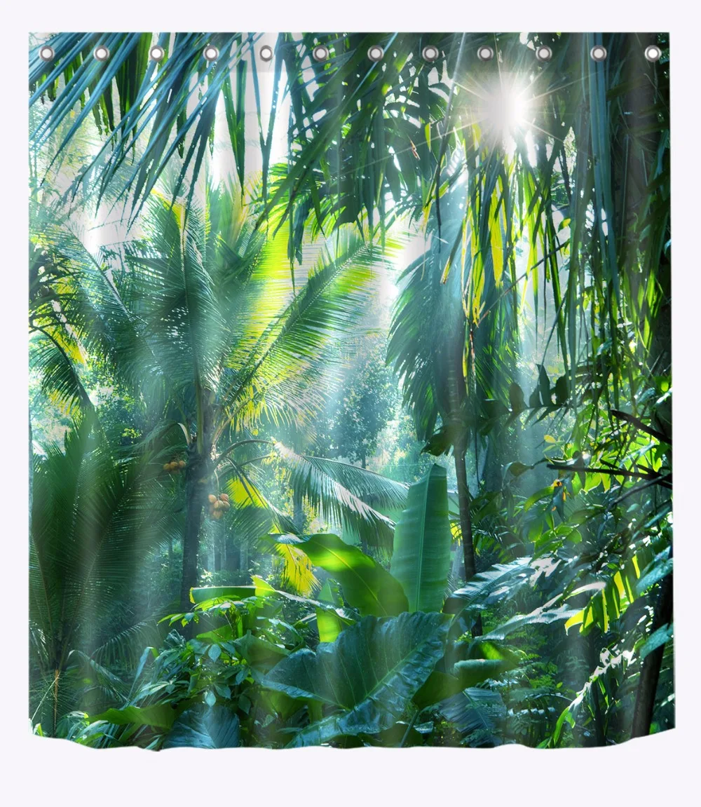

Green Banana Leaves Shower Curtain Tropical Jungle Plant Bathroom Waterproof Washable Polyester Fabric for Nature Bathtub Decor
