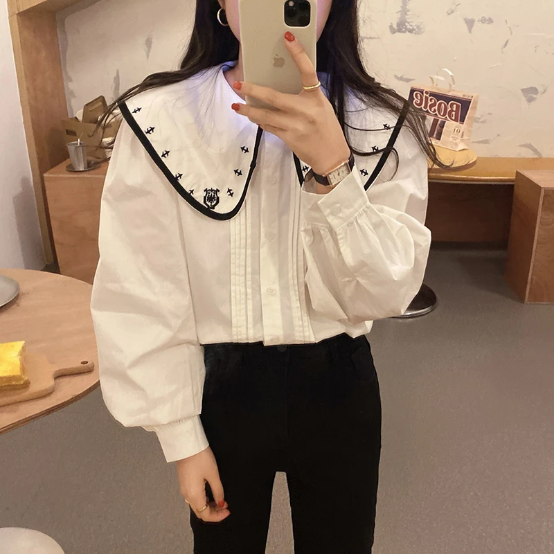 

Korean Embroidery White Shirt Women Sweet Peter Pan Collar Long Sleeve Blouse Tops Plus Size Blouses blouses femme