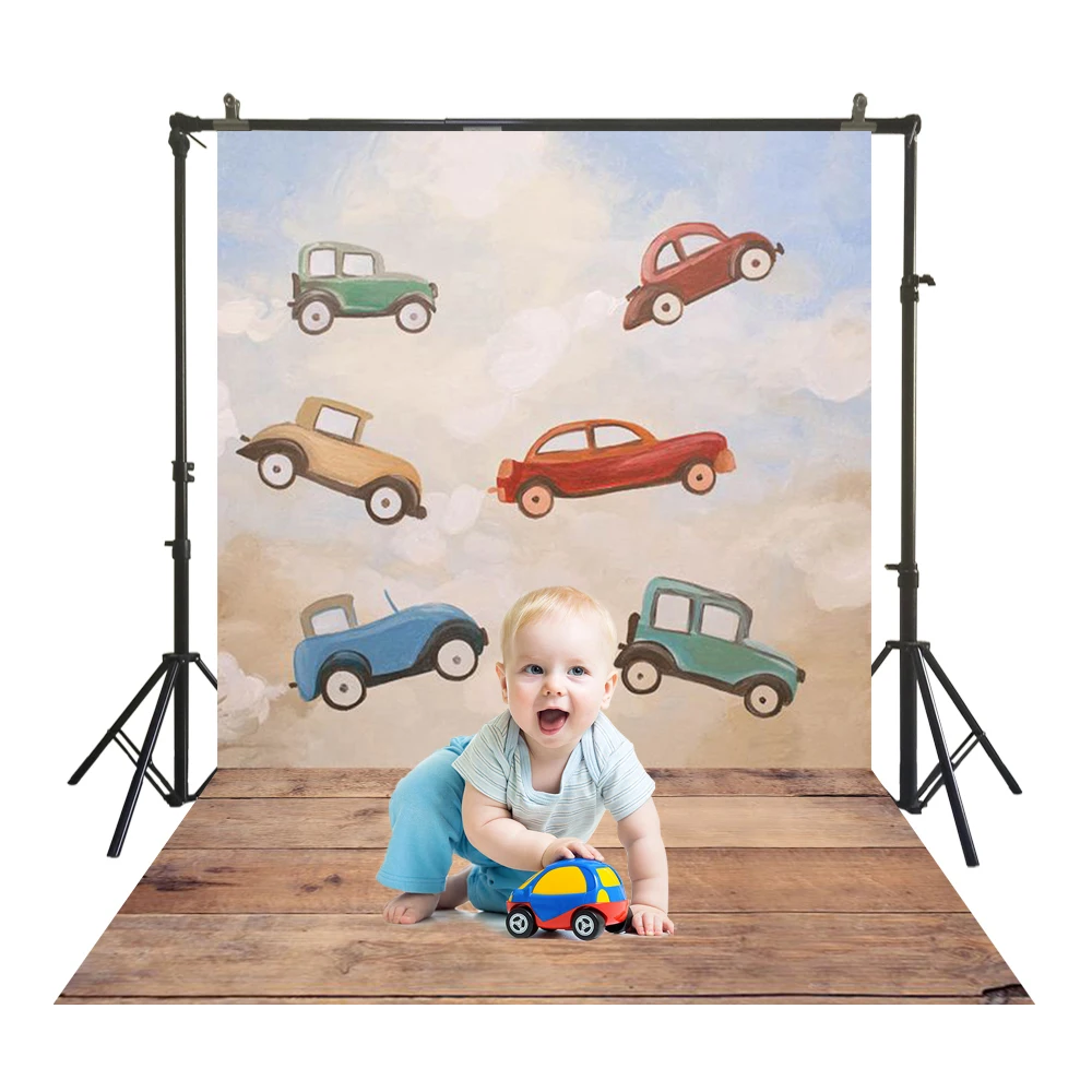 

Cartoon Toy Cars Photographic Backdrop Polyester Cloth Wood Floor Rustic Vintage Back Drops Kid Portrait Studio Booth Background