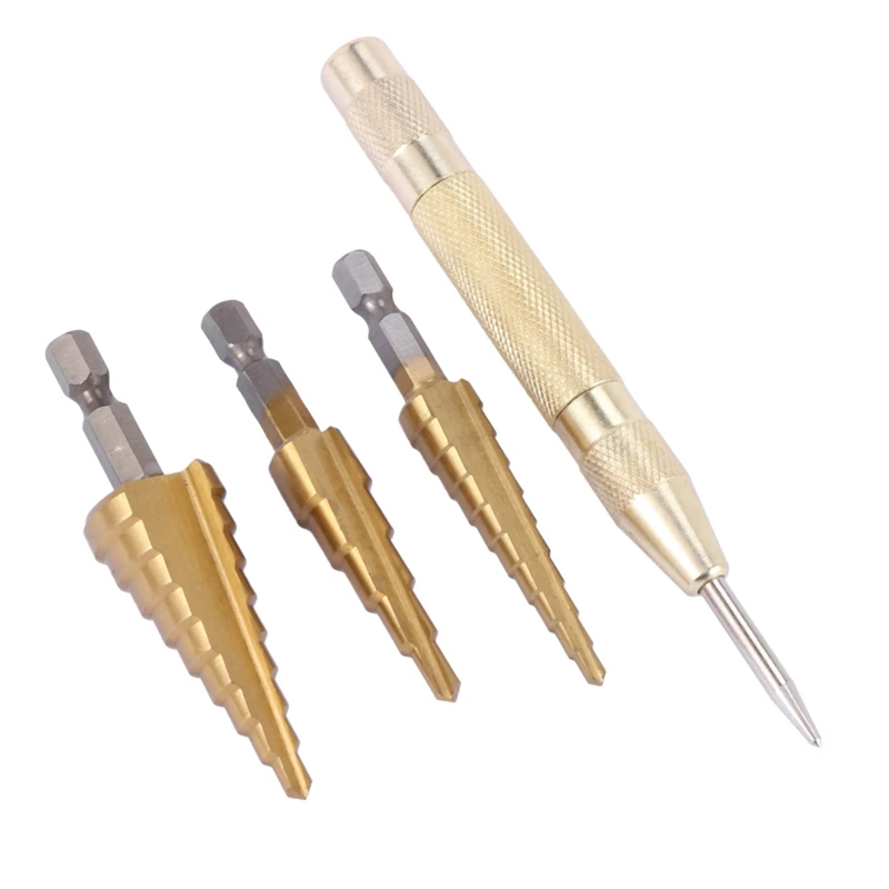 

3 pcs HSS Titanium Step Drill Bit Set & 1 pcs Automatic Center Punch