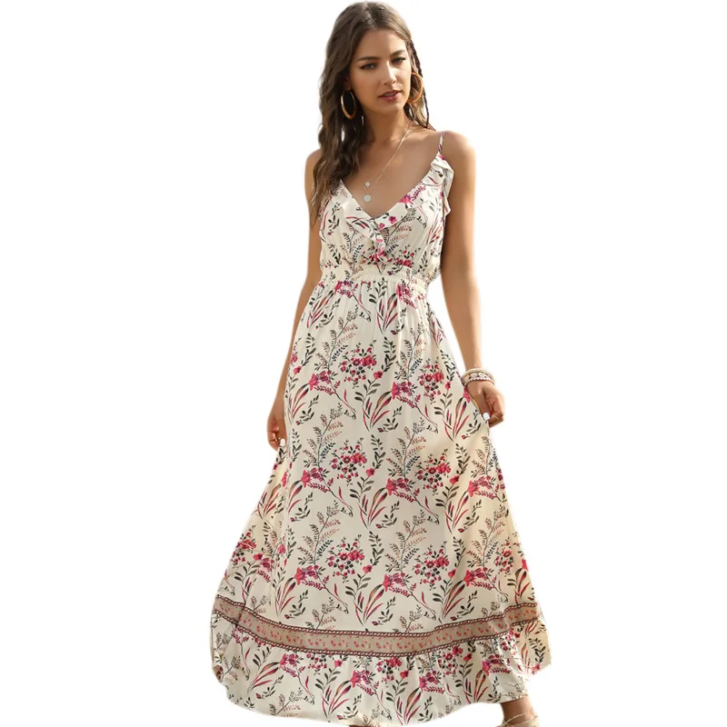 

Bohemian print flounce swing V-neck suspender dress