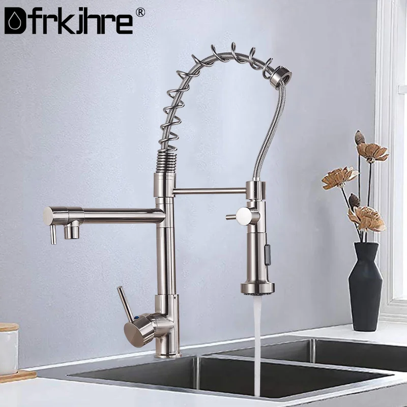 

Spring Kitchen Sink Faucet Dual Spout Single Handle Pull Down Faucets Hot Cold Water Mixer 360 Rotation Deck Mounted Crane