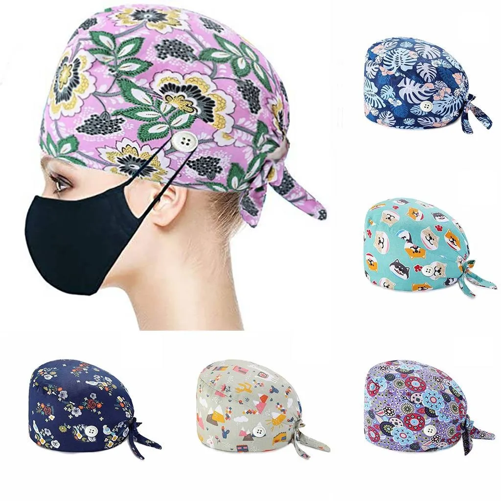 

Beauty Salon Working Cap Floral Print Women Men Sweatband Bouffant Hat With Button Nursing Scrubs Caps Gorro Enfermera A50