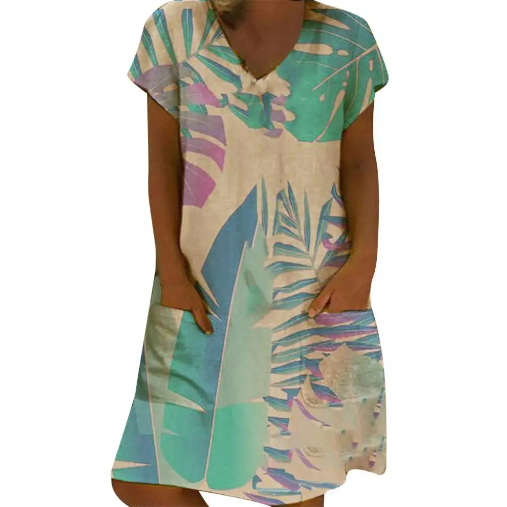 

2020 Women Casual Short Sleeve V Neck Leaf Print Pockets Loose Knee-length Dress