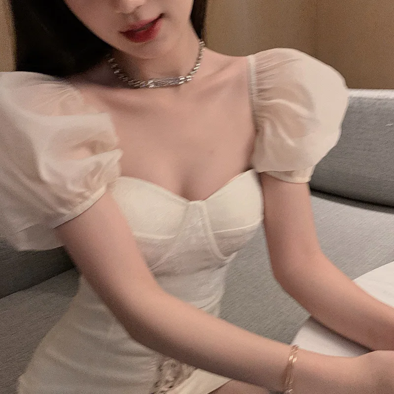 

Skirt women light ripe wind square bubble sleeve dress 2021 new spring and summer sexy slim dress show thin bag hip skirt