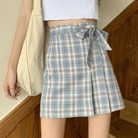 houzhou kawaii plaid skirt vintage bow lace up high waist zipper a line wrap skirts summer women korean fashion school girls
