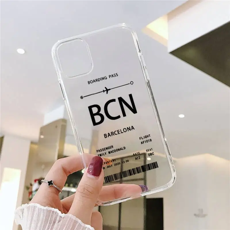 

Personalised Plane Ticket Coque Phone Case Transparent for iPhone 6 7 8 11 12 s mini pro X XS XR MAX Plus SE cover funda shell