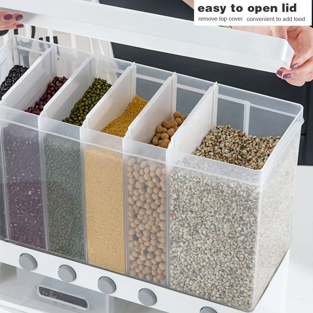 Proof Plastic Automatic Racks 6 Moisture Sealed Food Storage Box Wall Mounted Divided Rice And Cereal Dispenser 10KG For Kitchen | Дом и сад