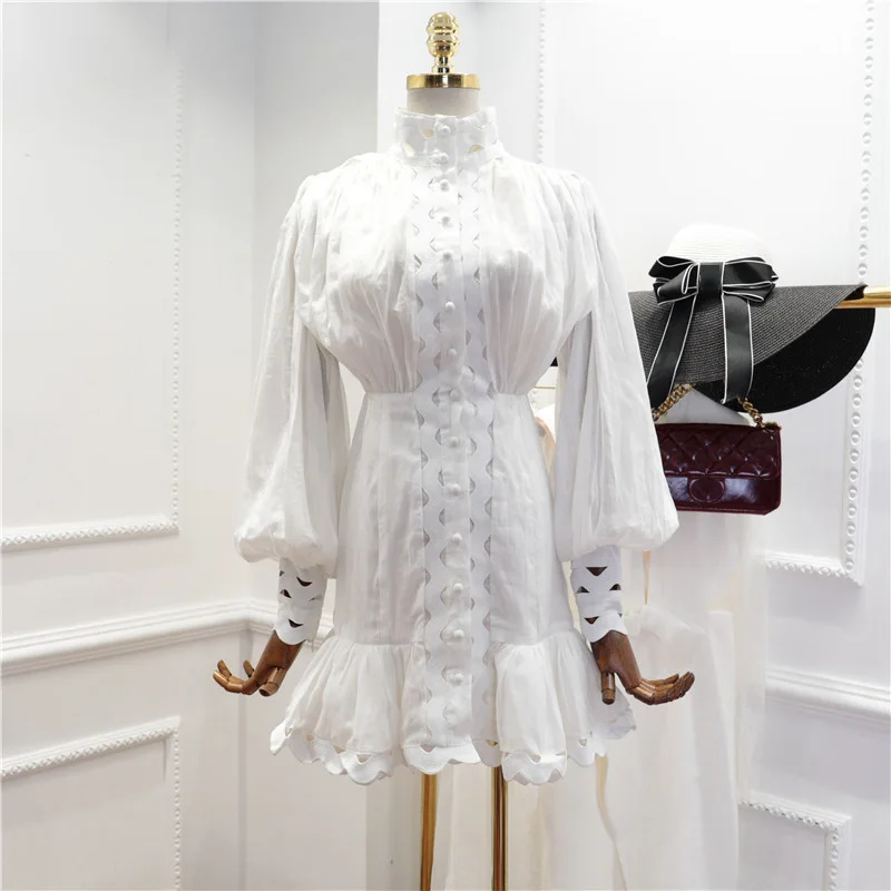 Женское ажурное платье рубашка мини с воротником стойкой рукавами фонариками и