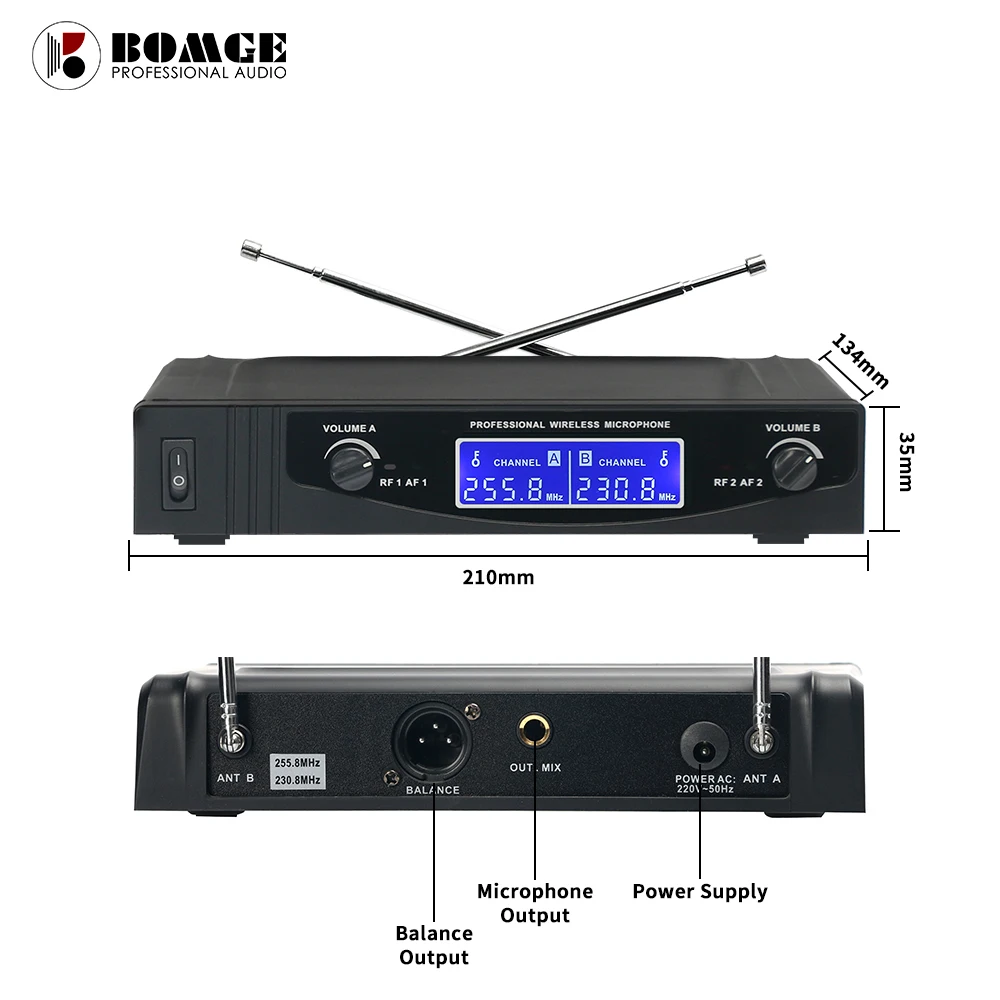 Профессиональный беспроводной микрофон BOMGE V210 с 2 каналами для караоке VHF