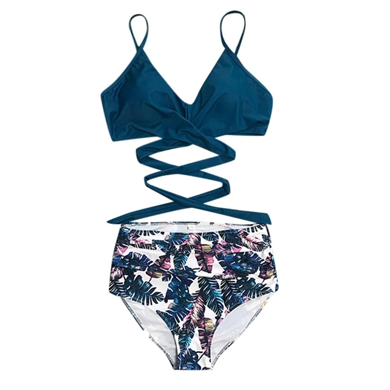 Women Sexy Solid Leopard Bikini Set Two Piece Swimsuit Spaghetti Straps Swimwear Beach Lace Up Drawstring Bathing Suit Biquini