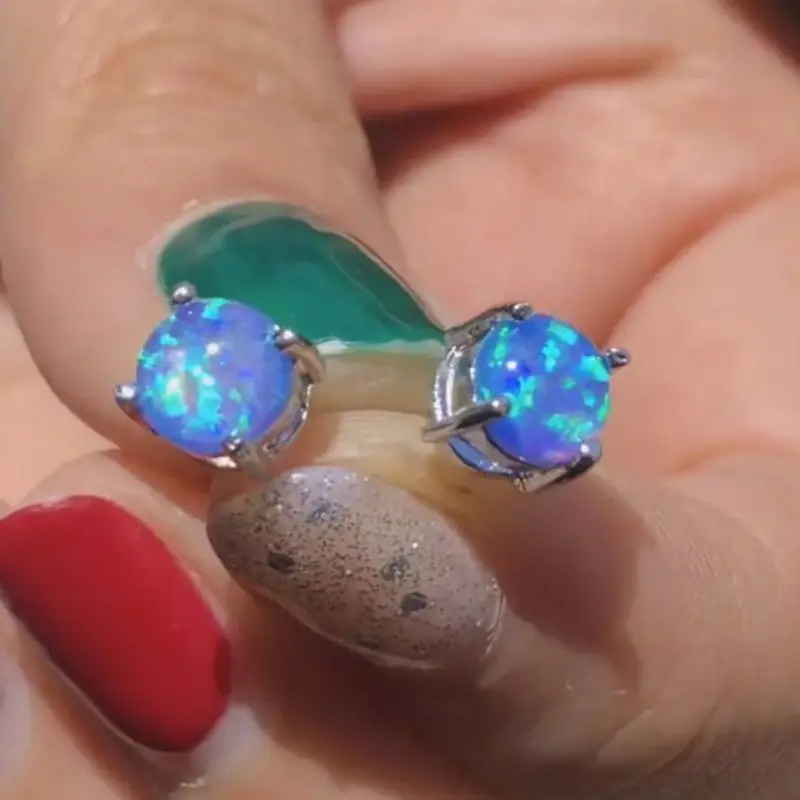 

Silver Plated Blue Opal Stud Earrings 6MM Mini Round For Women Fashion Jewelry