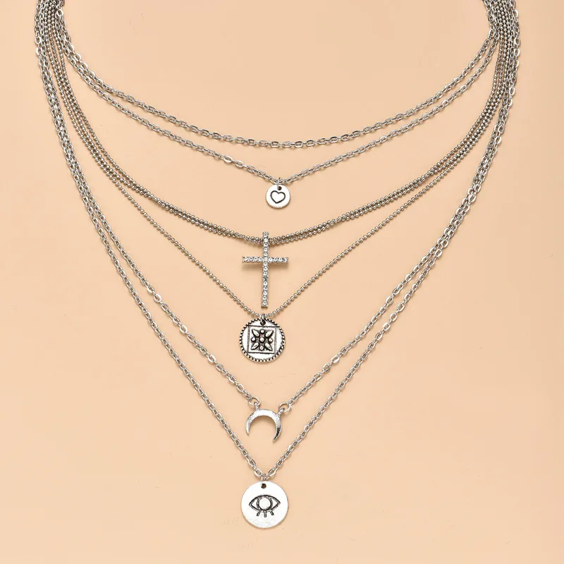 Ожерелье женское серебристое с кулоном в виде сердца Креста хрусталя Луны резных