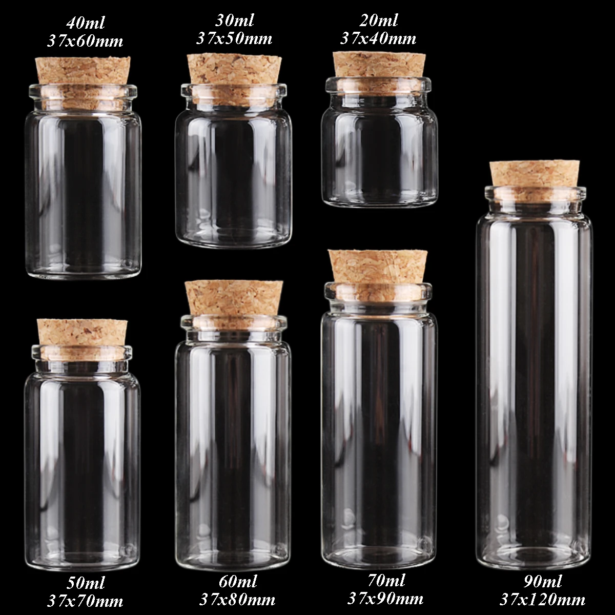 

20ml 30ml 40ml 50ml 60ml 70ml 90ml Glass Bottles with Cork Stopper 15pcs Spice Bottles 7 Sizes U-pick