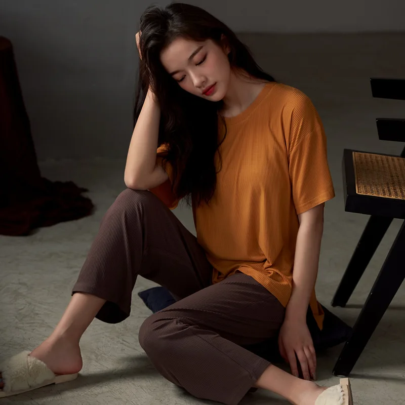 Modal Cotton Pajamas Women's Set 2021 Summer Sleepwear Short Sleeve Trousers Nightwear Cool Elastic Home Suit Lounge Wear