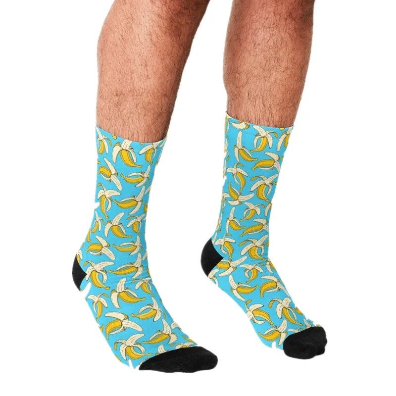 

Funny Men's socks Bananas on Aqua Blue Food Pattern Printed hip hop Men Happy Socks cute boys street style Crazy Socks for men