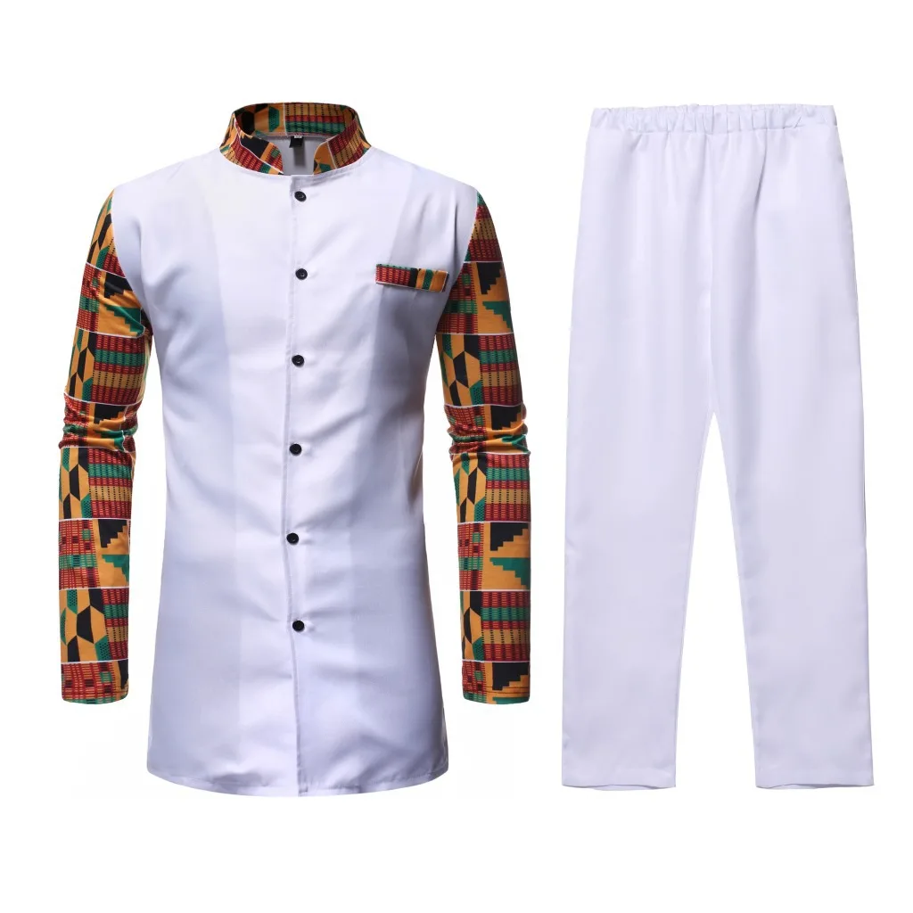 

White Afriacn Dashiki Dress Shirt Pant Set 2 Pieces Outfit Streetwear Casual Mens Traditional African Clothes Suit Men Chemise