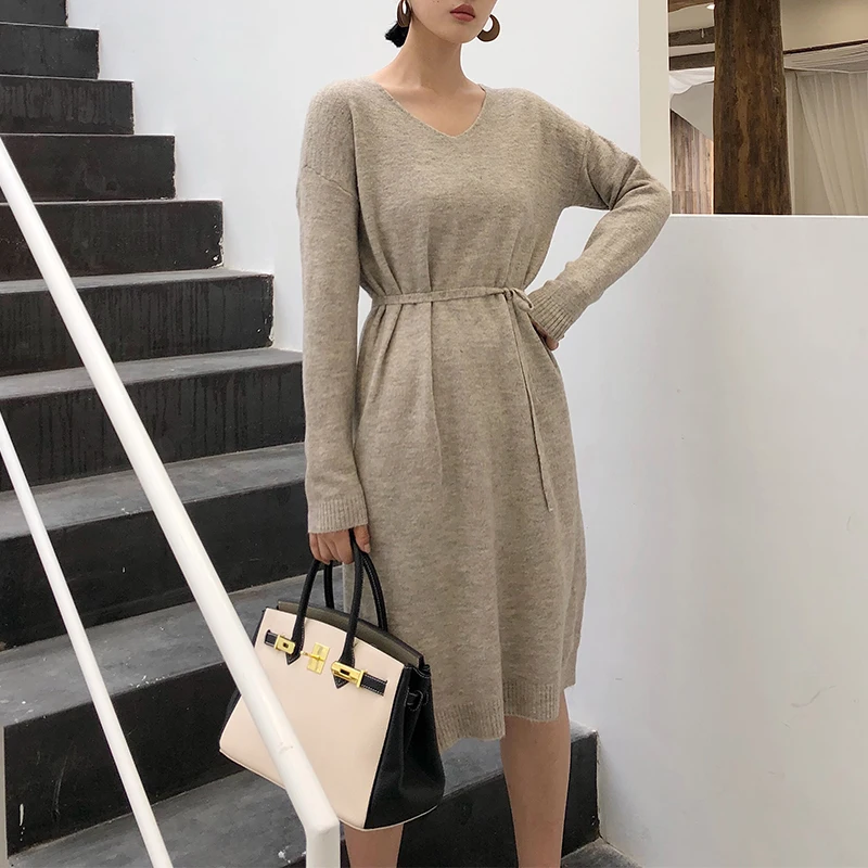 Flectit женское трикотажное платье с поясом мягкий кашемировый длинный рукав