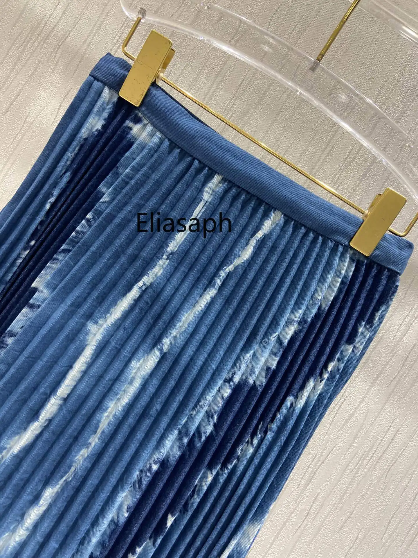 Elegant Retro Blue Jean Skirts for Women Summer 2021 New Tie Dye Stripes High Waist Pleated Skirt Loose Big Hem Denim Skirt Lady