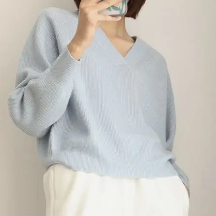 

and 2021 Autumn Winter New Cashmere Lantern Sleeves V-neck Loose Pullover Women Thick Knit Sweater