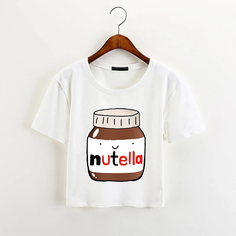 Летняя женская облегающая футболка с принтом nutella белый укороченный топ футболки
