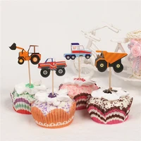 24pcslot paper cake topper car tractor pattern happy birthday party baby decorations set kids boys cupcake picks 5