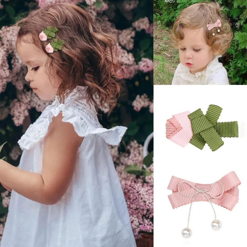 

Good Quality Toddlers Kids Hair Accessories 4pcs/set Grosgrain Ribbon Rose Barrettes Pearl Pendent Bows Hair Clips for Girls