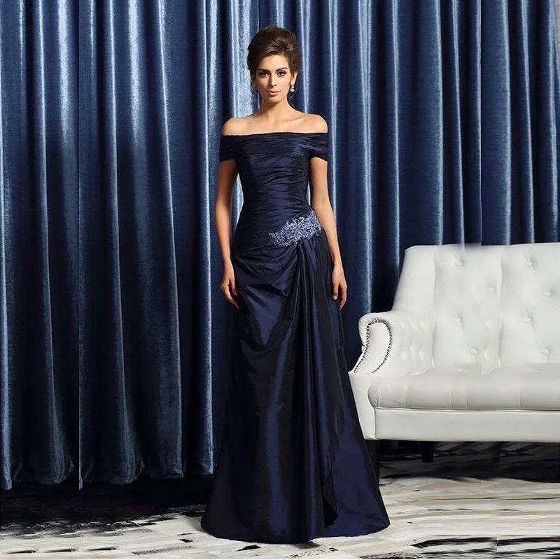 

2022 Navy Blue Mother Of The Bride Dresses Off Shoulder A Line Pleated Lace Beaded Satin Wedding Evening Prom Dress Vintage New