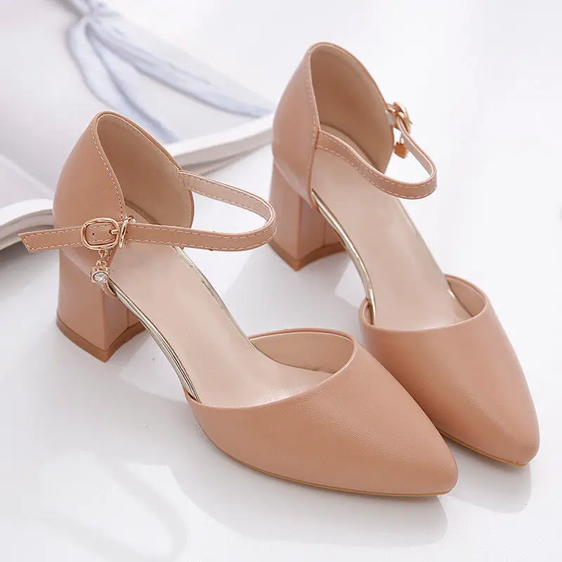 2023 Spring New Single Shoes,Block Mid Heels,Women Pumps,Ankle Strap Buckle,Pointed Toe,Footware for Office Lady Beige,Apricot