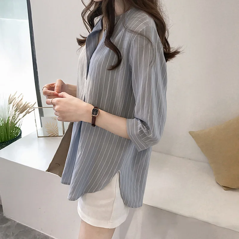 

Pop Women Lady Top Shirt Blouse Seven Quarter Sleeve Stripe Casual Fashion For Autumn Pop 88