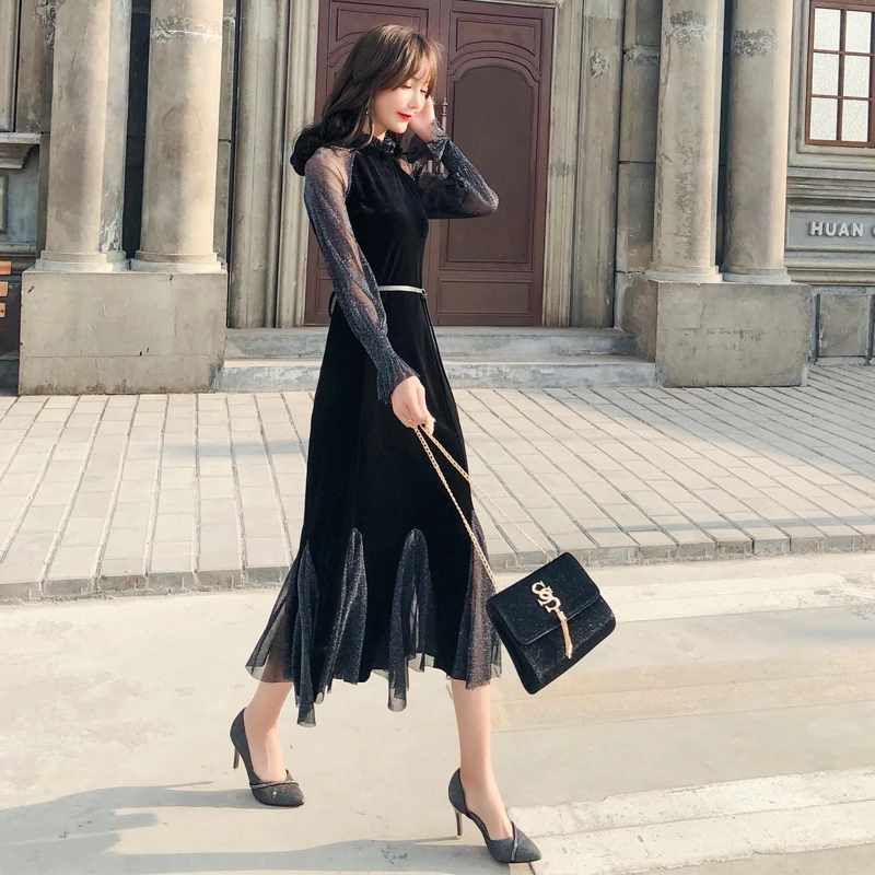 Женская облегающая блузка с сеткой и кружевом весна-осень 2020 рыбий хвост