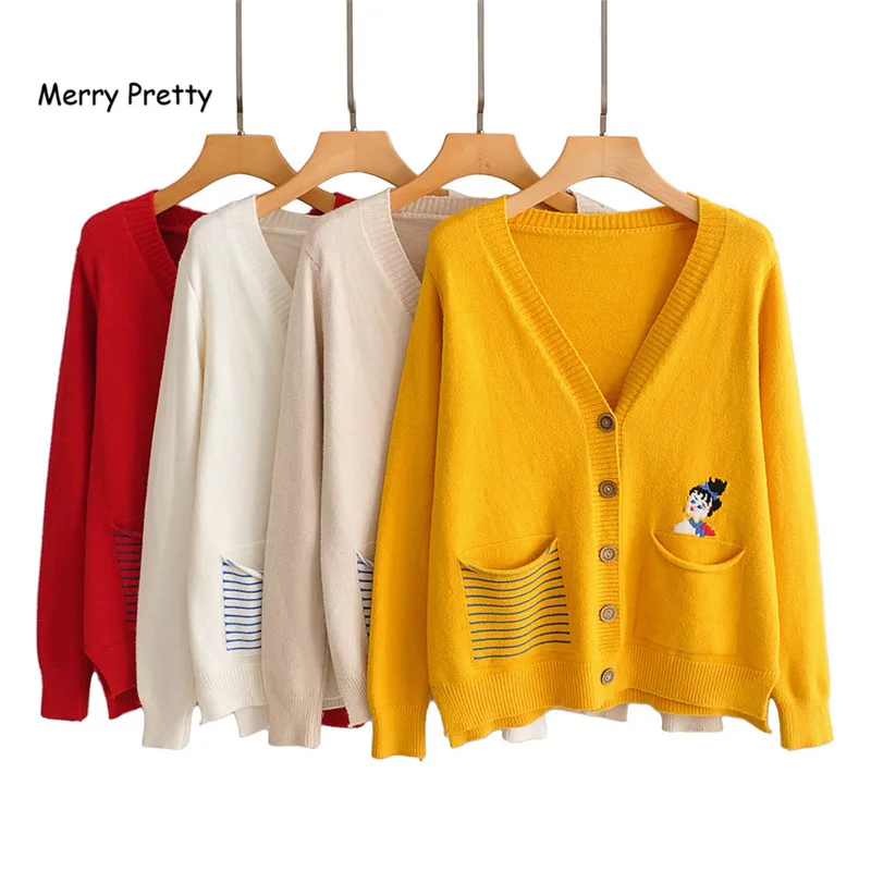 

XUANHAO, женский кардиган, свитер, v-образный вырез, милый трикотаж, однобортный, с вышивкой, вязаный кардиган, верхняя одежда, зимнее пальто