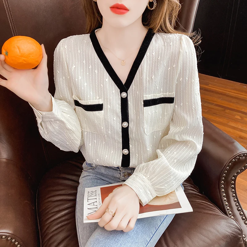 ITOOLIN Fashion Stripe Blouse Women V-Neck Jacquard long sleeve tops shirt Streetwear Elegant office ladies blouse 2022 | Женская одежда