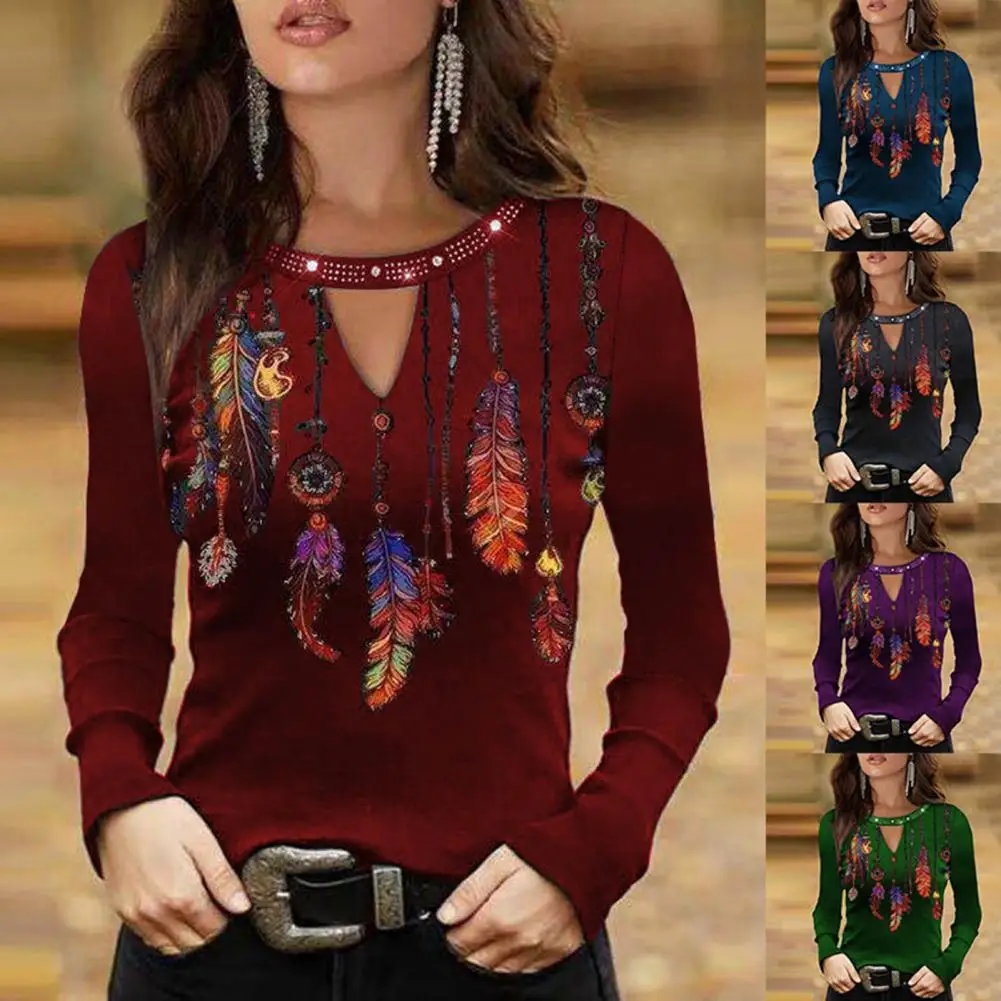 

Women T-shirt Feather Print Hollow Out Bottoming Shirt Spring Autumn Women Top Long Sleeve Crew Neck Sexy Blouse for Gathering