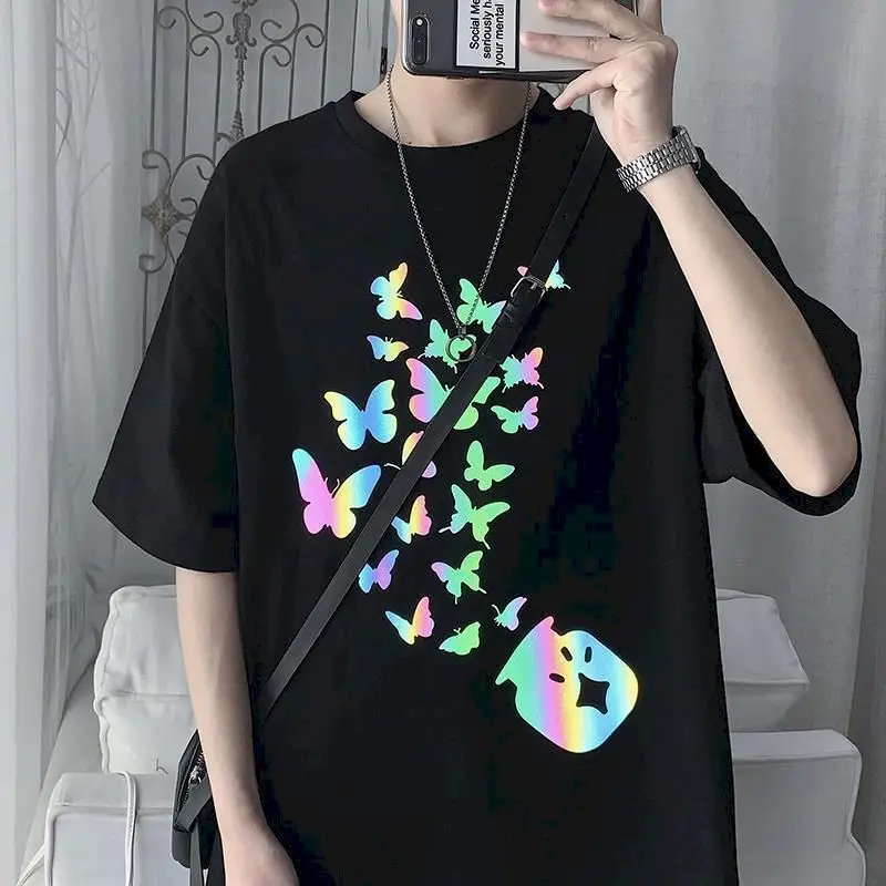 

couple t shirt korean reflective butterfly print male loose T-shirt 2022 summer new black white men clothes tops