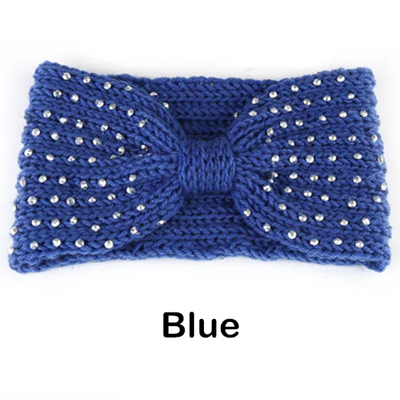 Blue Зимние Стразы, блестки, повязка на голову для женщин, трикотажный подогреватель чалма, закрывающая уши, головной убор, Панк шерсть, вязанные крючком повязки на голову, аксессуары для волос - Цвет: Blue
