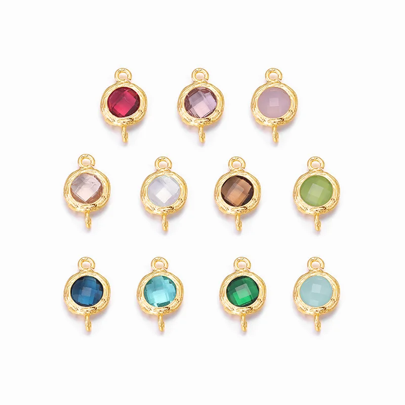 

4PCS 7.5x12.5MM 24K Champagne Gold Color Plated Brass with Round Colourful Glass Beads 2 holes Connect Charms Accessories