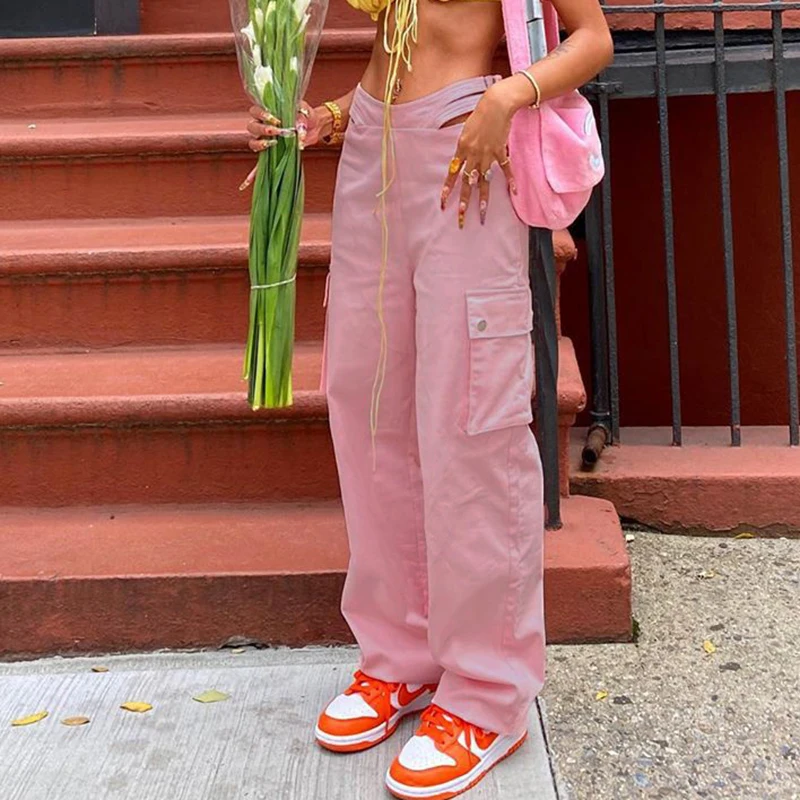 

Oversized Pockets Baggy Pants Casual Joggers Sweatpants Streetwear Hollow Out High Waisted Pants for Women Vintage