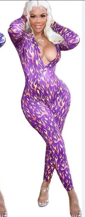 

new autumn women fire print jumpsuits fitness full sleeve female trouser slim elastic sportswear home outfit rompers