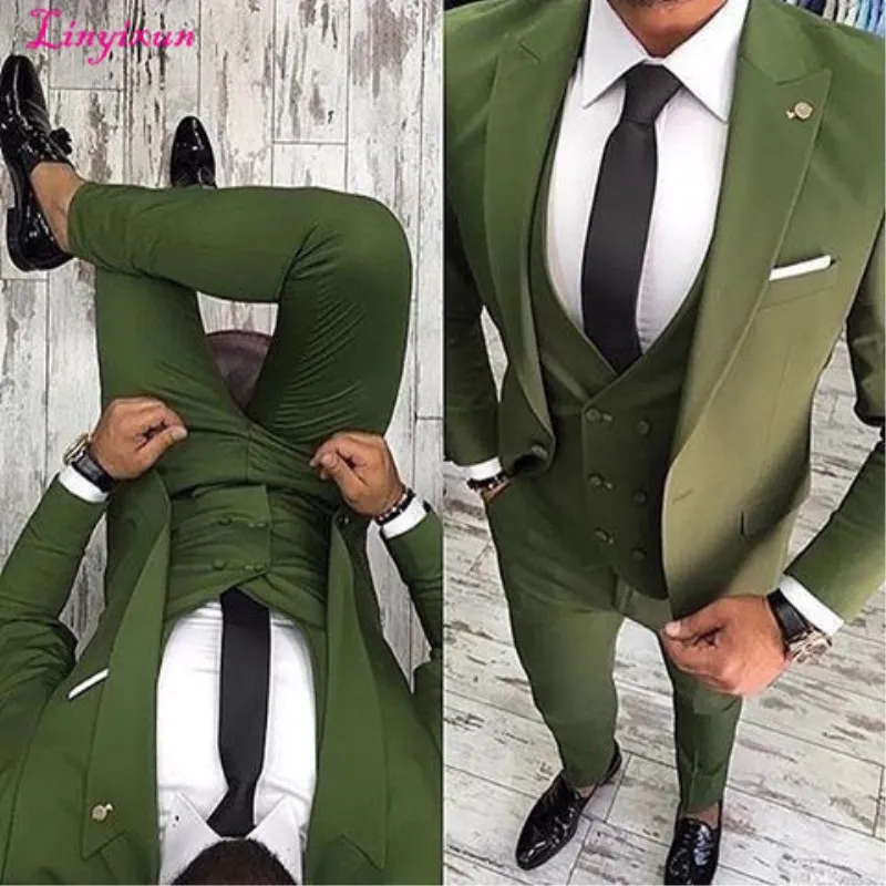 Linyixun 2020 последние конструкции пальто брюки зеленый мужской костюм Slim Fit 3 шт