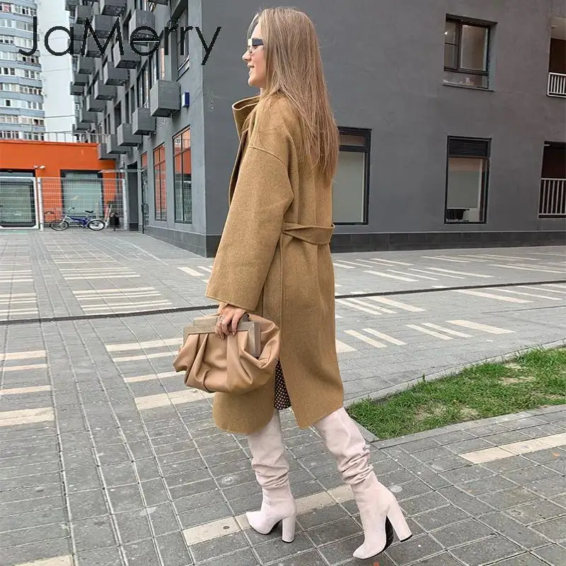 JaMerry элегантная одежда для офиса работы длинный смесь пояса пальто карманы