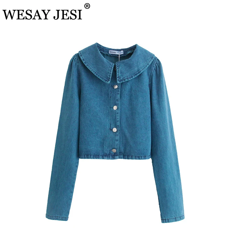 

WESAY JESI 2021 New Ladies Casual Sweet Coat Spring And Autumn Denim Short Wash Blue Jeans Jacket Lapel Collar Jacket Bomber
