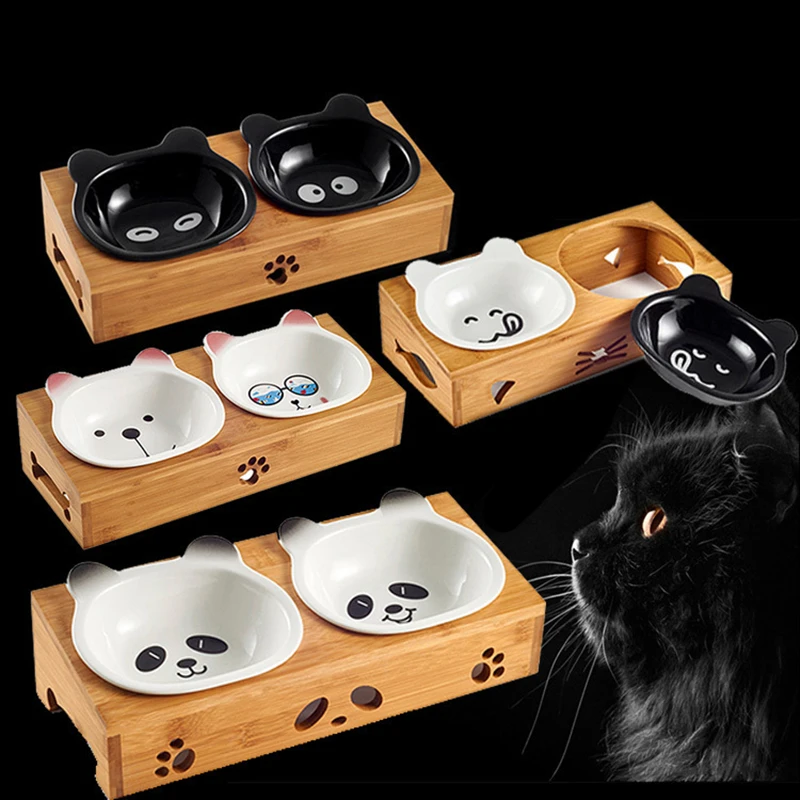 Новый милый питомец кошка обеденный стол бамбуковый тип керамические двойные