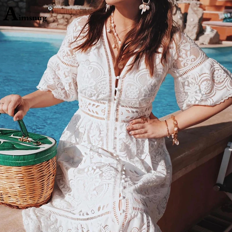 Женское однобортное кружевное платье Boho однотонное синее с v образным вырезом